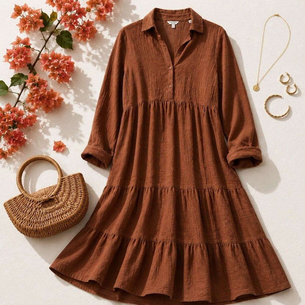 Max Studio Tiered Maxi Dress Brown Shirt Dress Pockets Boho Cottagecore Size S